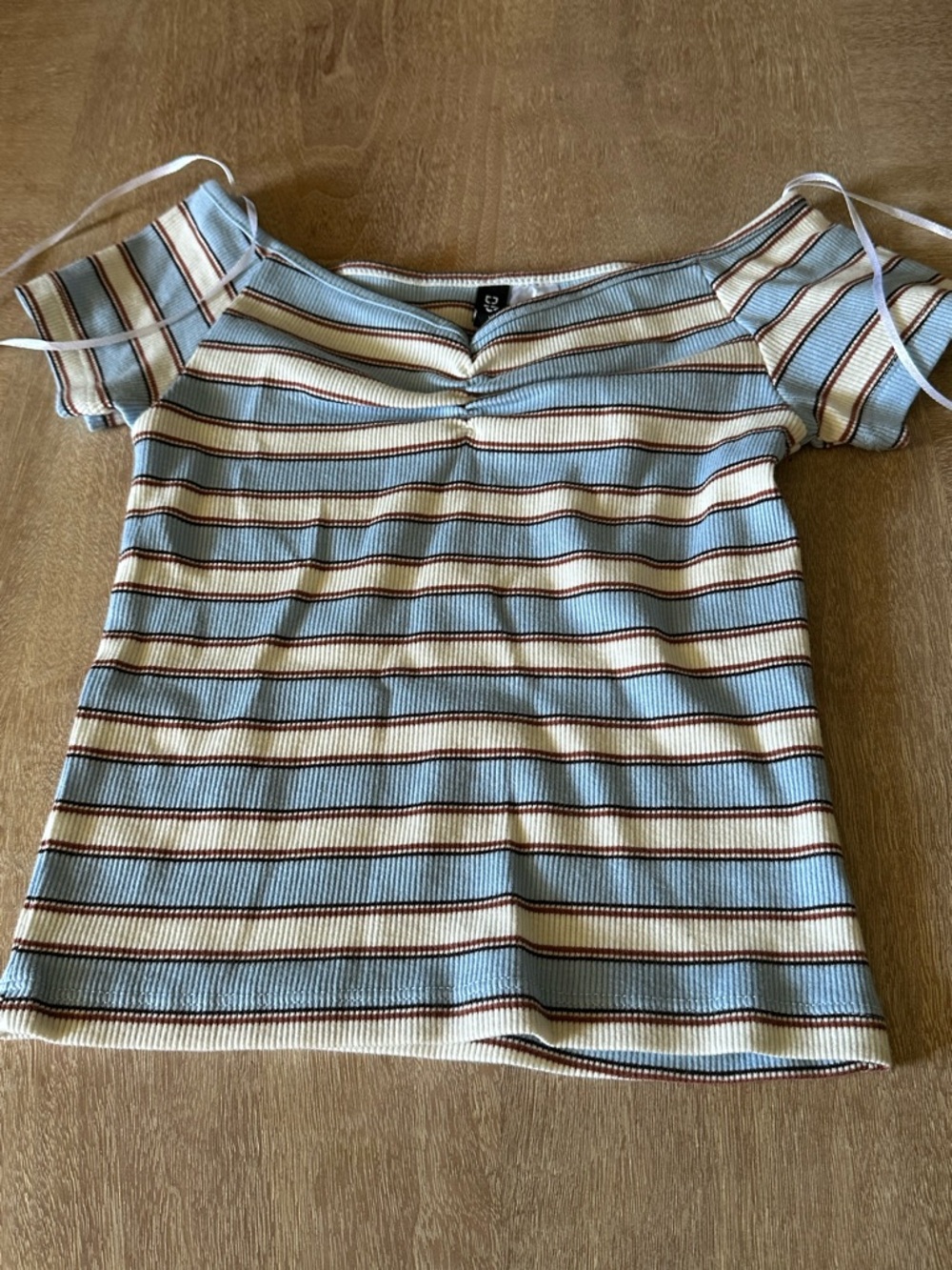 H&M Blue and Cream Striped Off-Shoulder Crop Top with Brown Accents